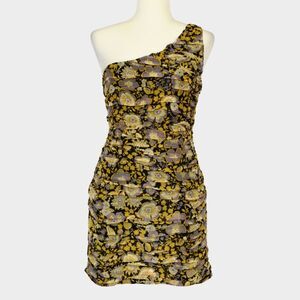 ZARA Women's Floral Gold Metallic One Shoulder Ruched Mini Dress Size M